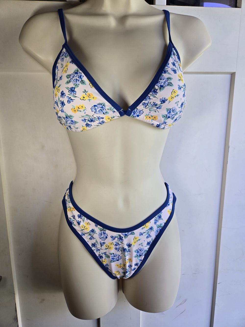 Zaful White Floral Bikini with Blue Trim and Yellow Accents